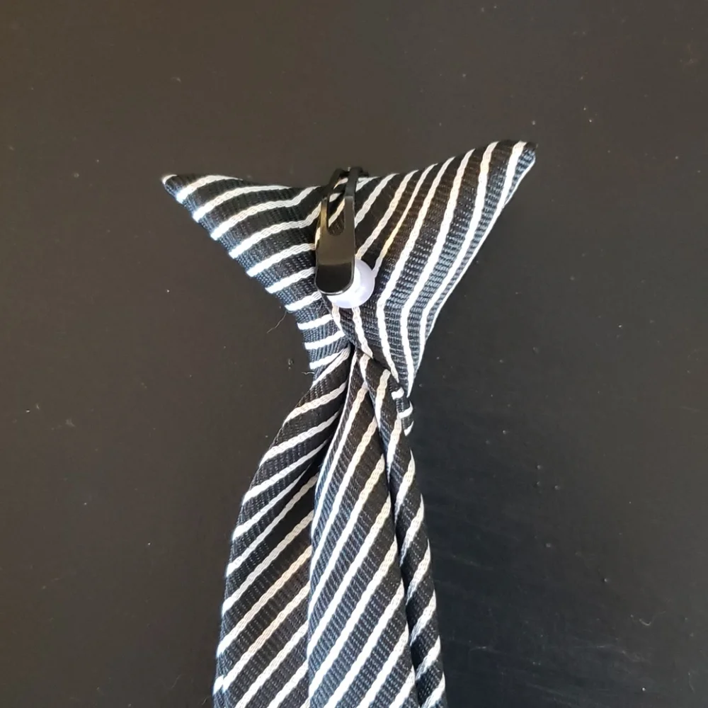 Boys black and white striped Polyeste clip on tie.